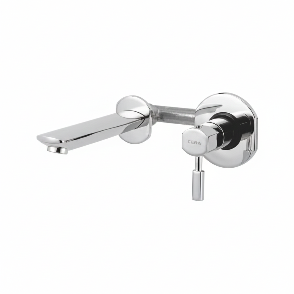 Wall mounted basin spout and operating lever with wall flanges (concealed single body)
